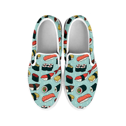 Colorful Sushi And Rolls Pattern Print White Slip On Shoes