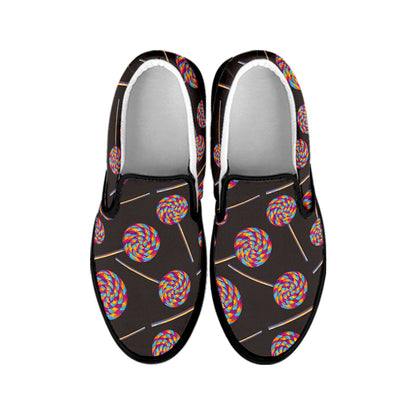 Colorful Swirl Lollipop Pattern Print Black Slip On Shoes