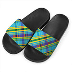 Colorful Tartan Pattern Print Black Slide Sandals
