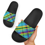 Colorful Tartan Pattern Print Black Slide Sandals