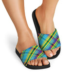 Colorful Tartan Pattern Print Black Slide Sandals