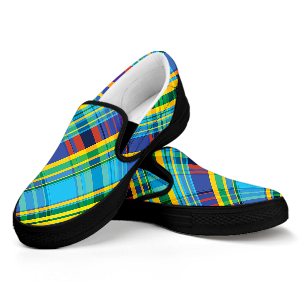 Colorful Tartan Pattern Print Black Slip On Shoes