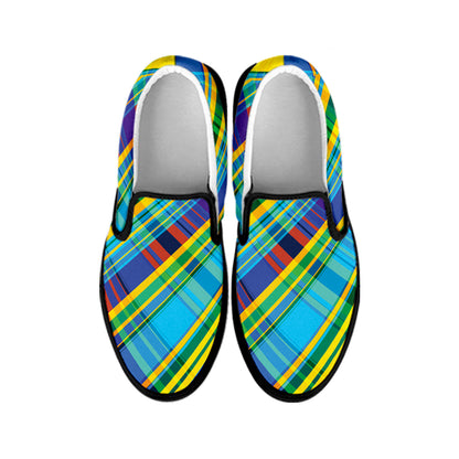 Colorful Tartan Pattern Print Black Slip On Shoes