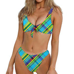 Colorful Tartan Pattern Print Front Bow Tie Bikini
