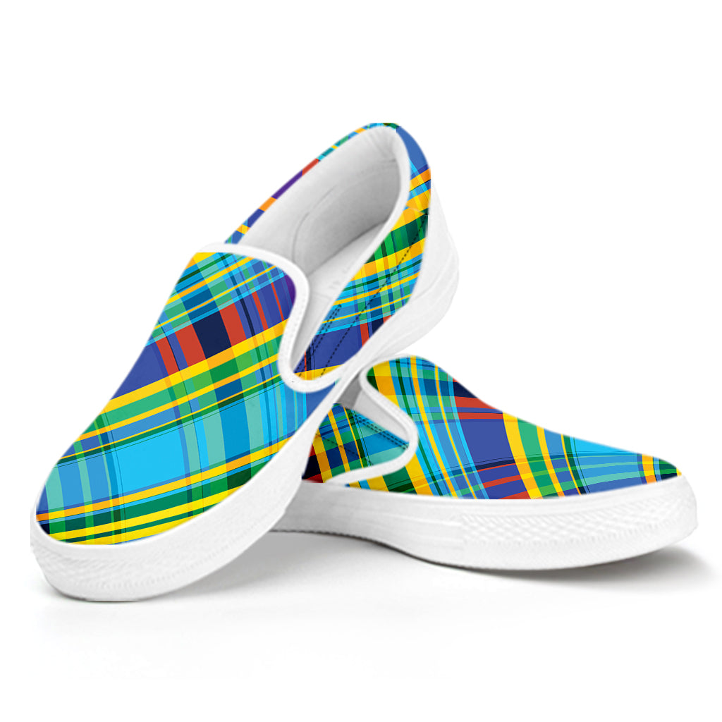 Colorful Tartan Pattern Print White Slip On Shoes