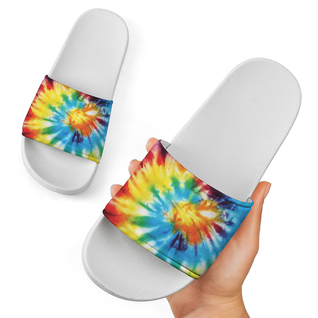 Colorful Tie Dye Print White Slide Sandals