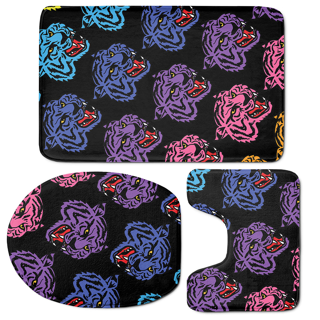 Colorful Tiger Head Pattern Print 3 Piece Bath Mat Set