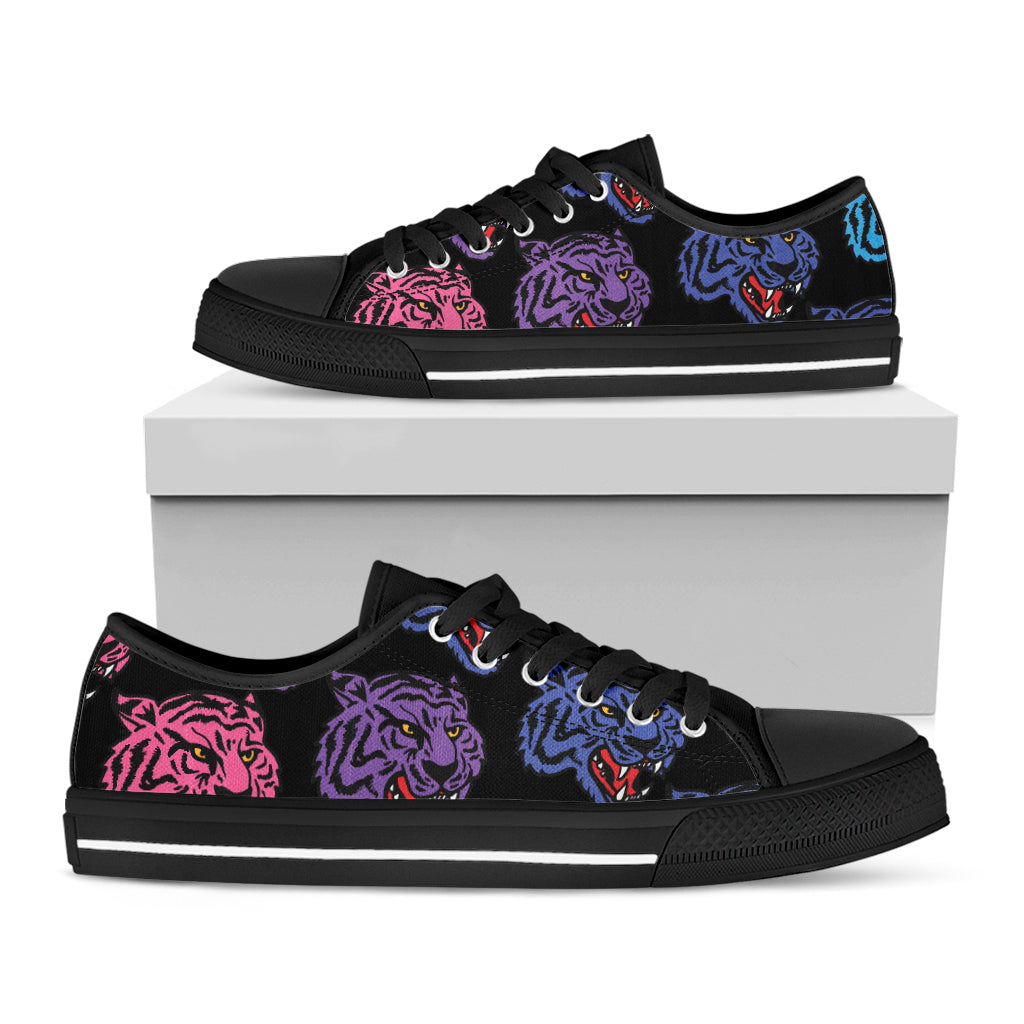 Colorful Tiger Head Pattern Print Black Low Top Shoes