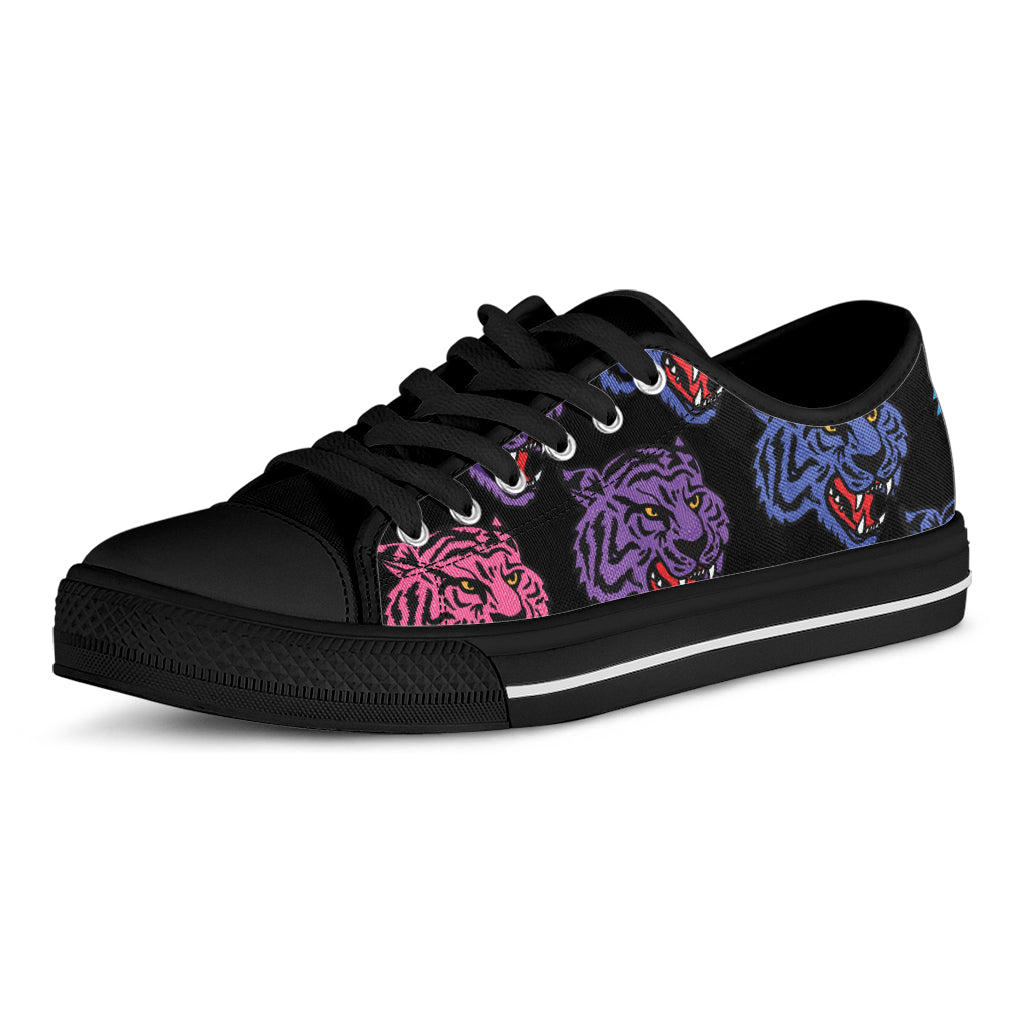 Colorful Tiger Head Pattern Print Black Low Top Shoes