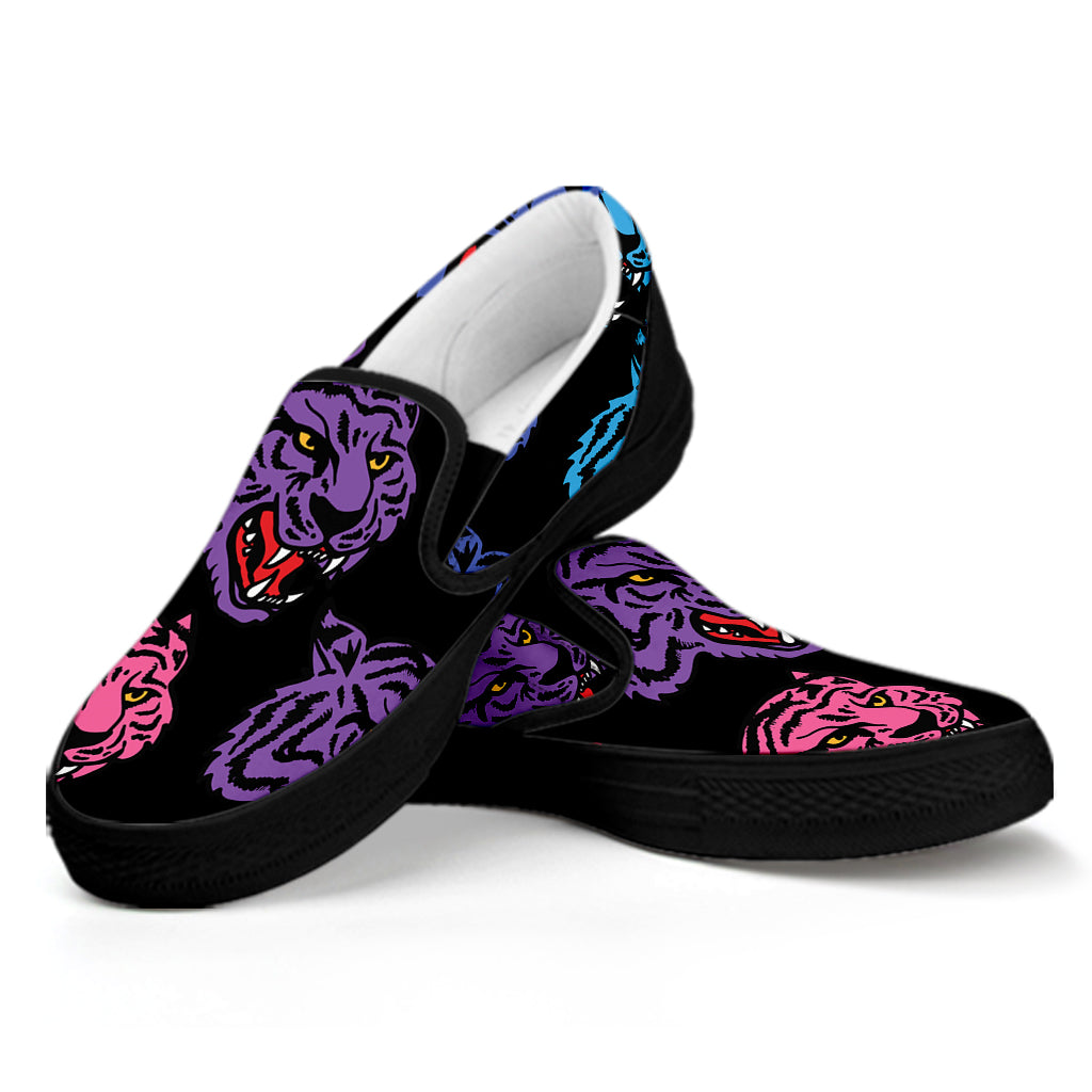 Colorful Tiger Head Pattern Print Black Slip On Shoes