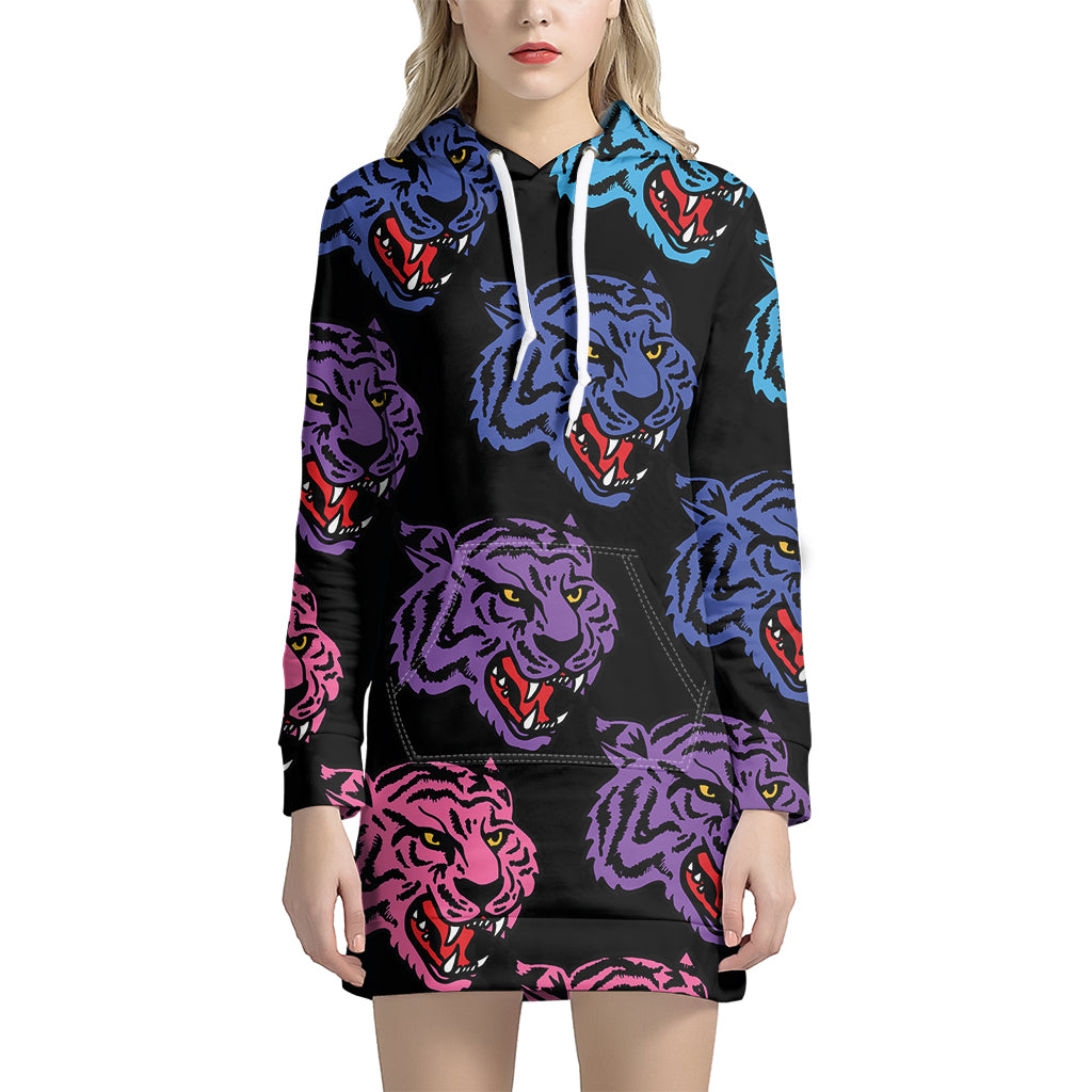 Colorful Tiger Head Pattern Print Hoodie Dress