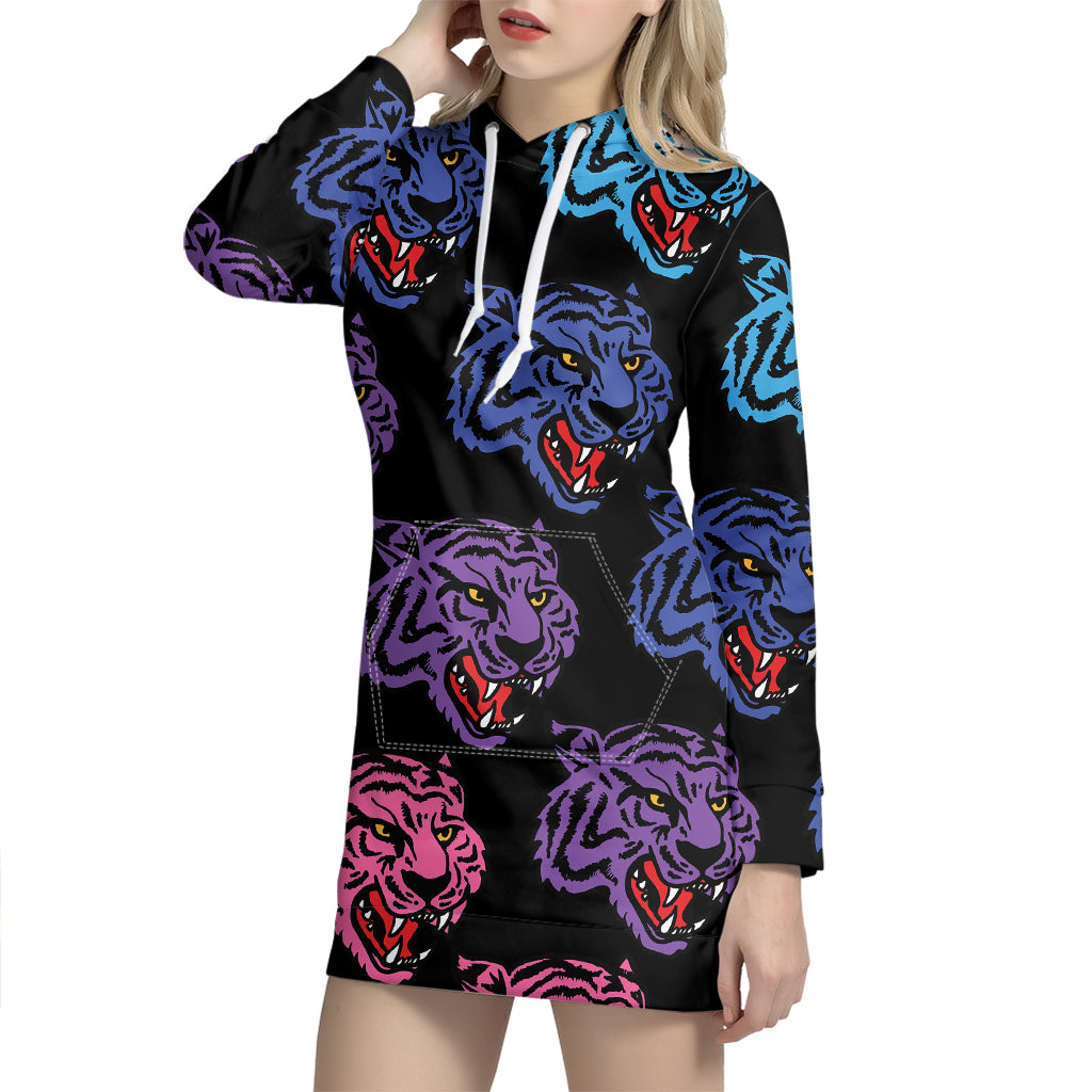 Colorful Tiger Head Pattern Print Hoodie Dress