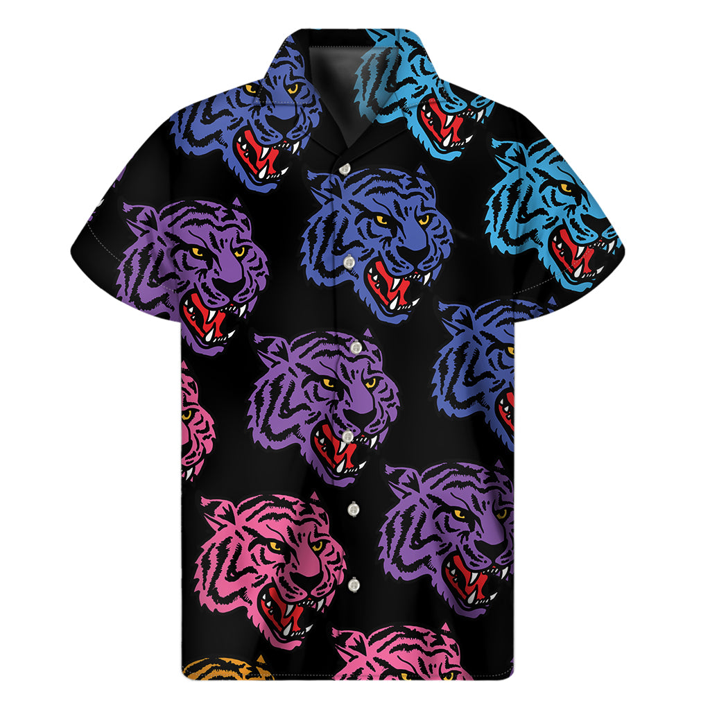 Colorful Tiger Head Pattern Print Men's Short Sleeve Shirt