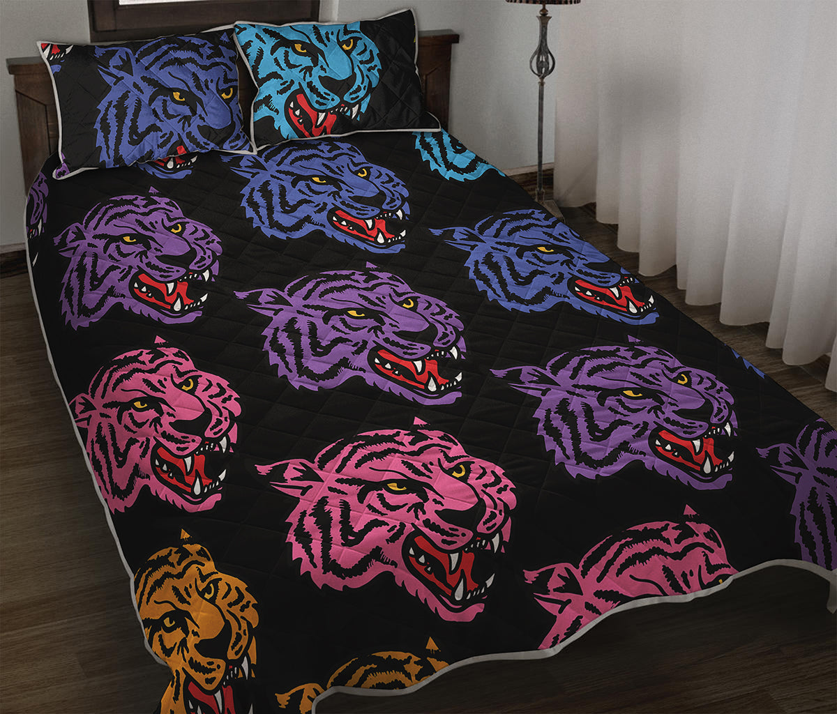 Colorful Tiger Head Pattern Print Quilt Bed Set