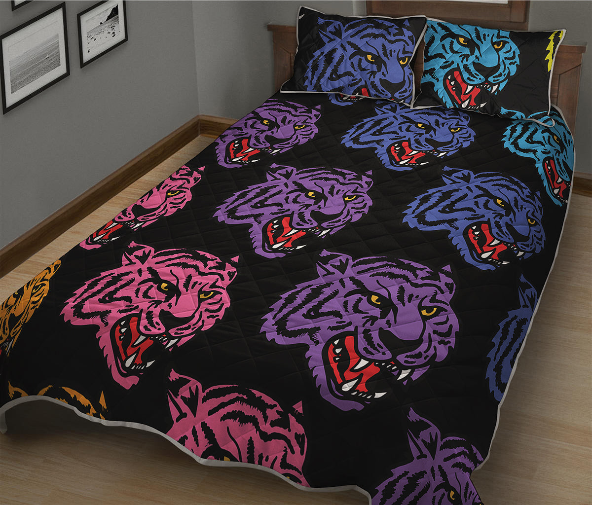 Colorful Tiger Head Pattern Print Quilt Bed Set
