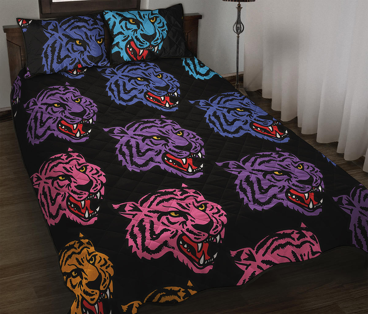 Colorful Tiger Head Pattern Print Quilt Bed Set