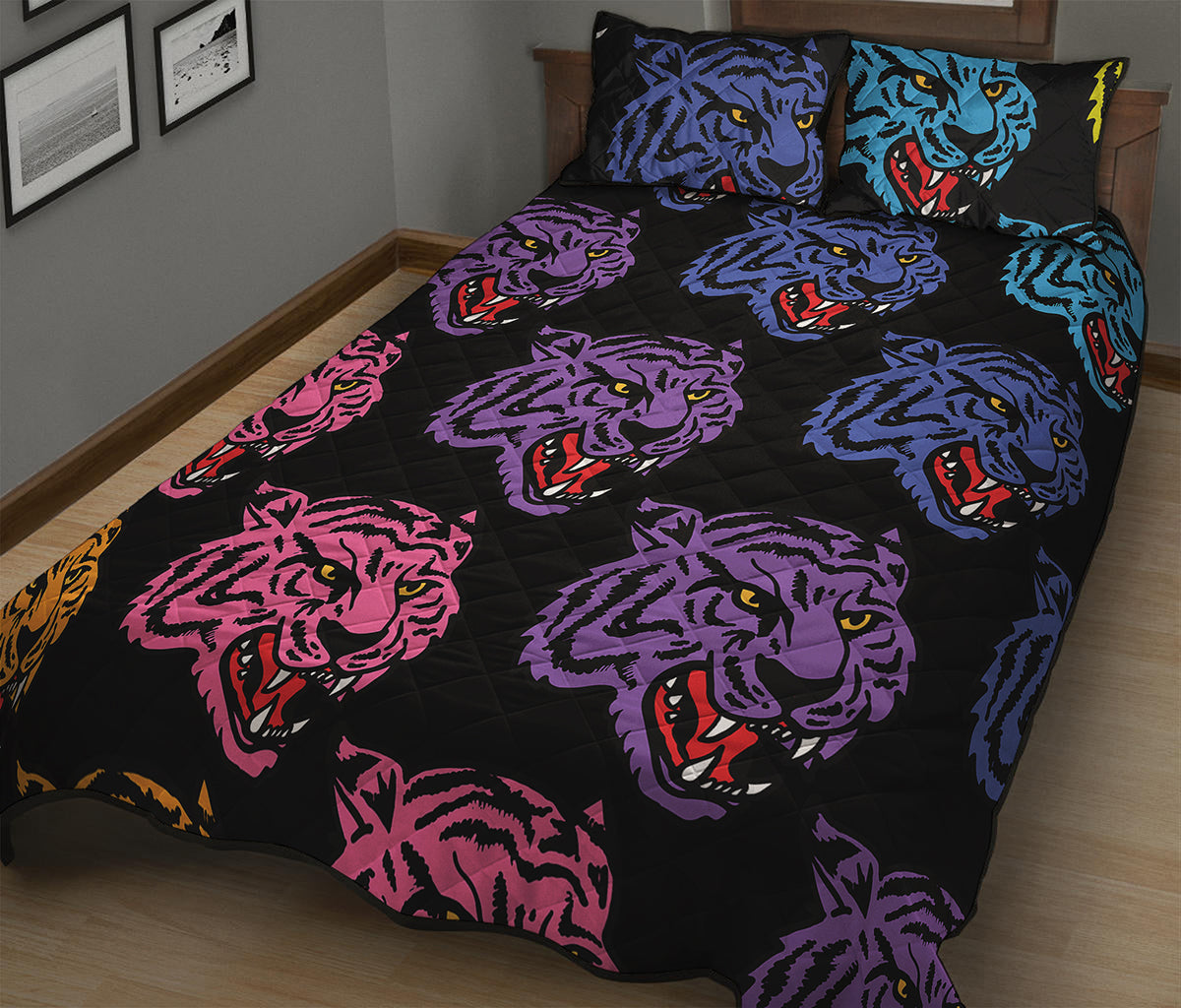 Colorful Tiger Head Pattern Print Quilt Bed Set