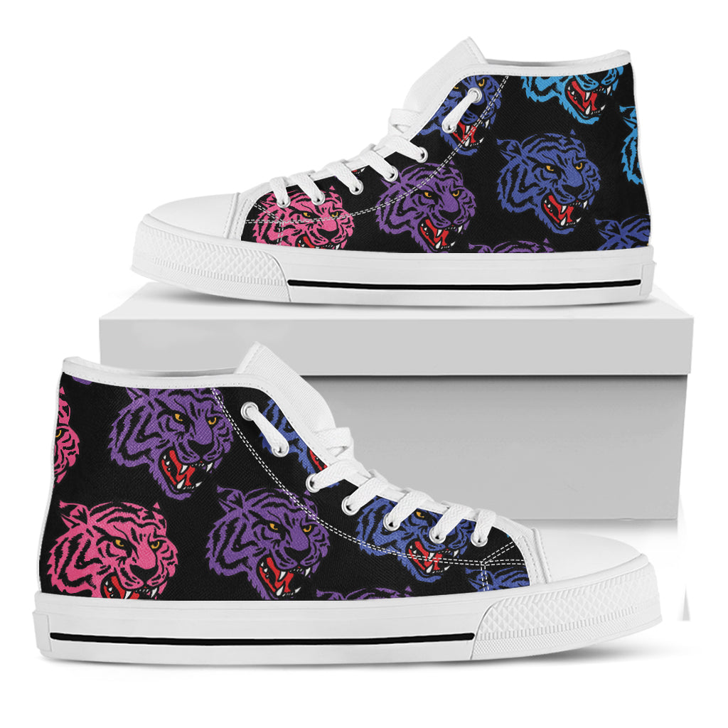 Colorful Tiger Head Pattern Print White High Top Shoes