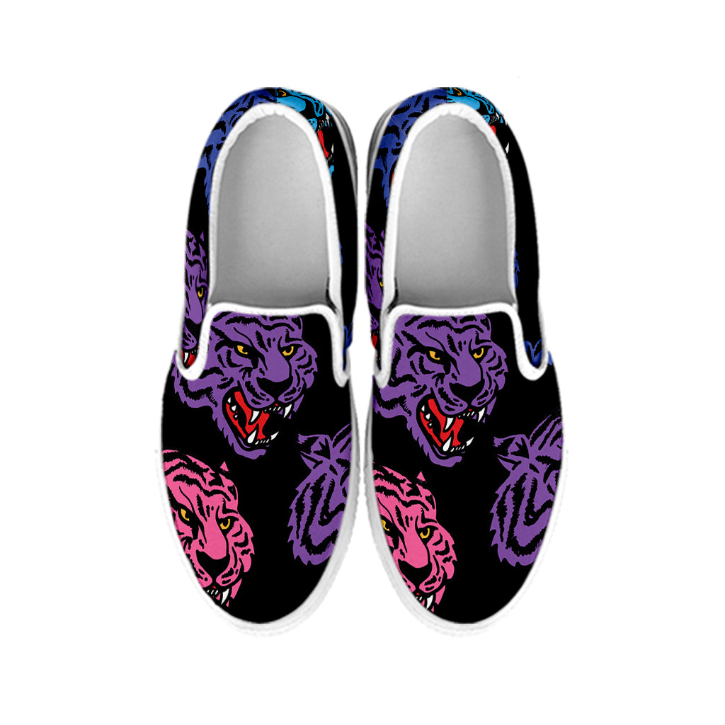 Colorful Tiger Head Pattern Print White Slip On Shoes