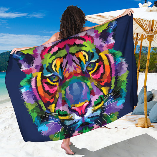Colorful Tiger Portrait Print Beach Sarong Wrap