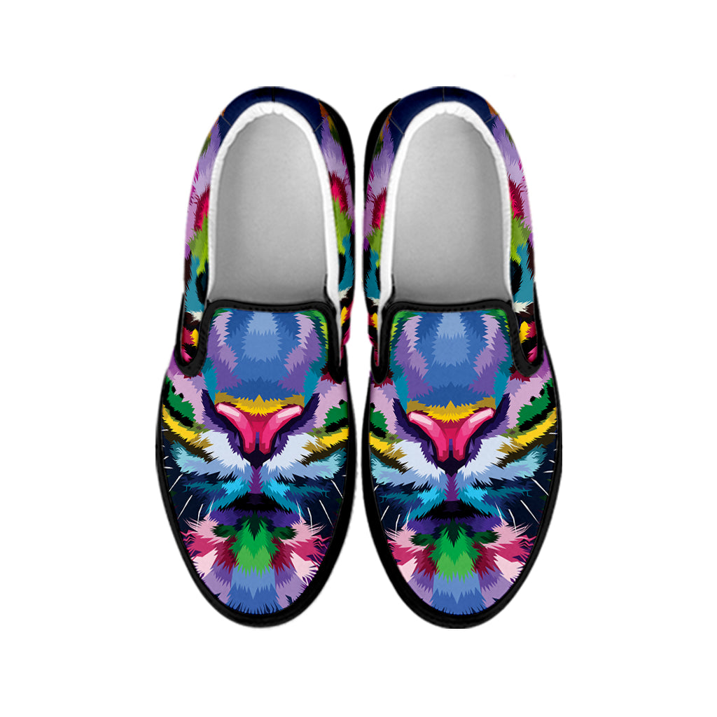 Colorful Tiger Portrait Print Black Slip On Shoes