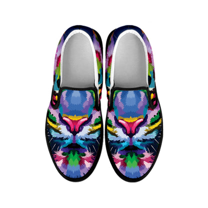 Colorful Tiger Portrait Print Black Slip On Shoes