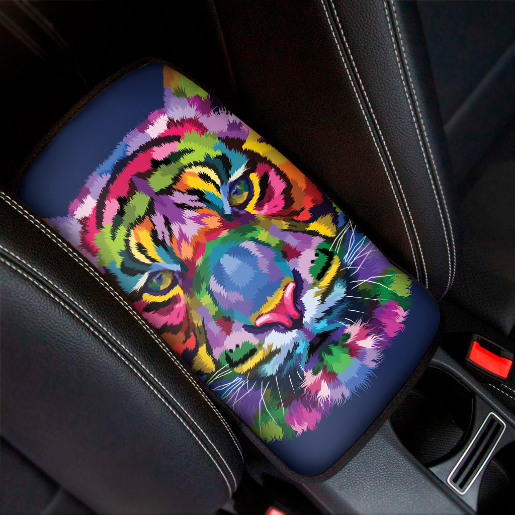 Colorful Tiger Portrait Print Car Center Console Cover