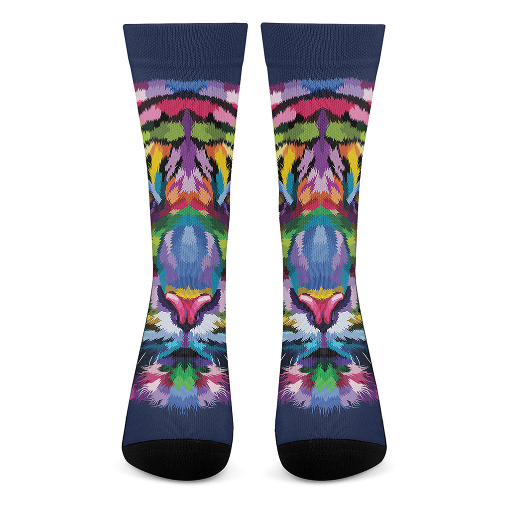 Colorful Tiger Portrait Print Crew Socks
