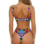 Colorful Tiger Portrait Print Front Bow Tie Bikini