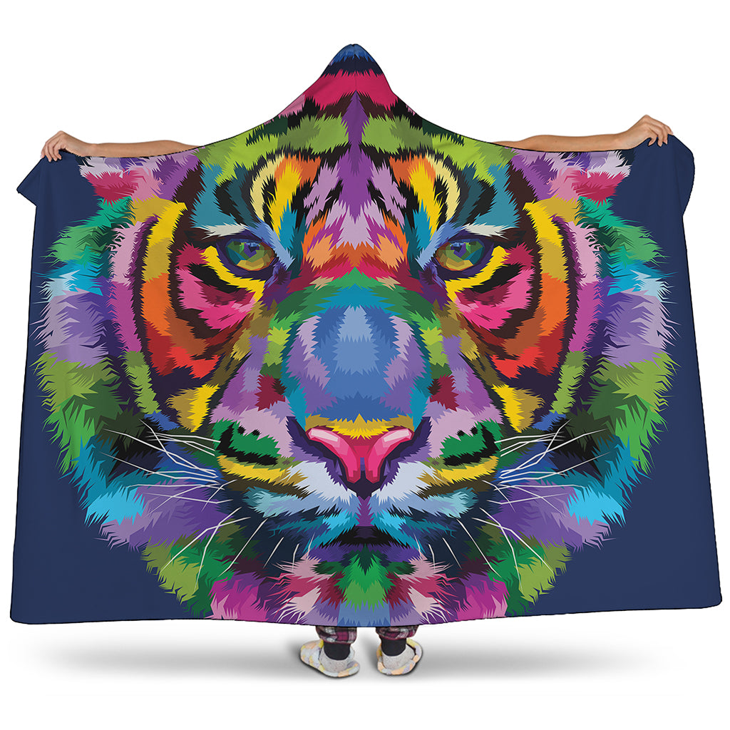 Colorful Tiger Portrait Print Hooded Blanket