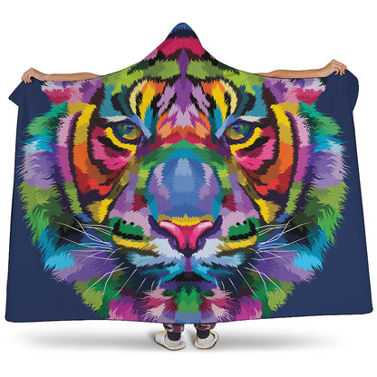 Colorful Tiger Portrait Print Hooded Blanket