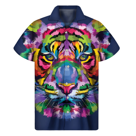 Colorful Tiger Portrait Print Men's Short Sleeve Shirt