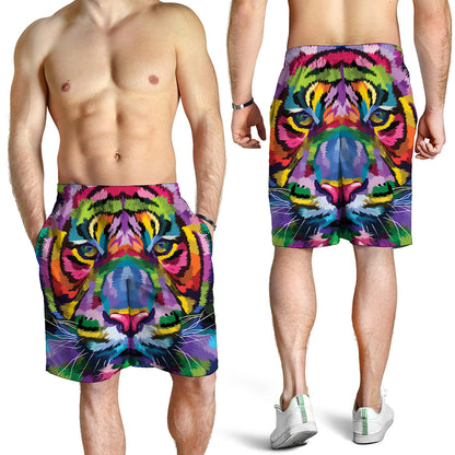 Colorful Tiger Portrait Print Men's Shorts