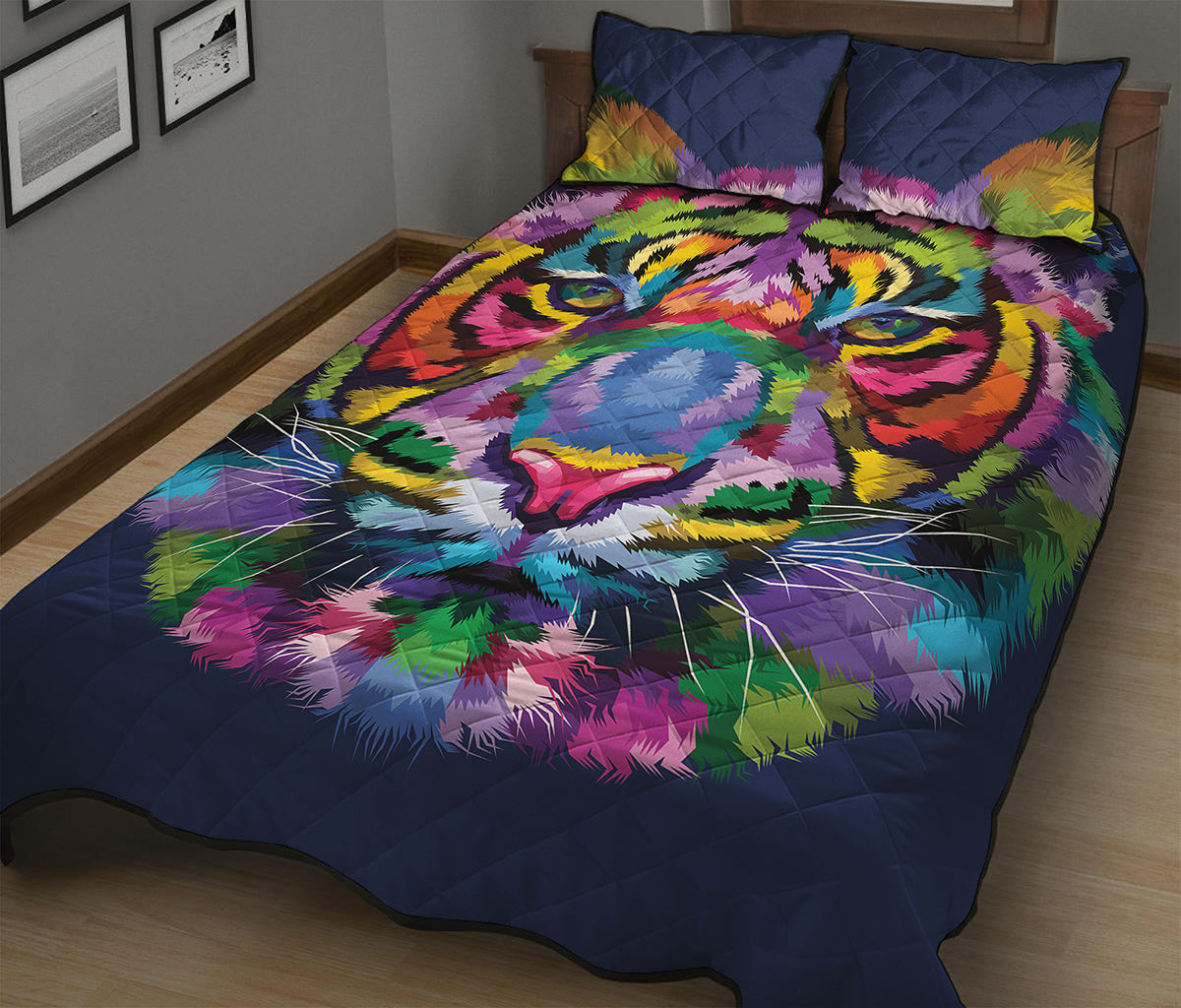 Colorful Tiger Portrait Print Quilt Bed Set
