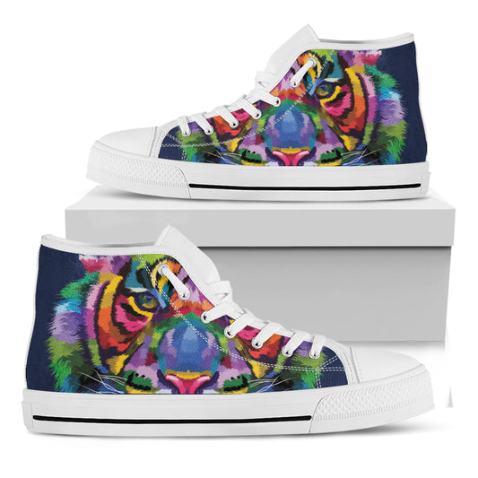 Colorful Tiger Portrait Print White High Top Shoes