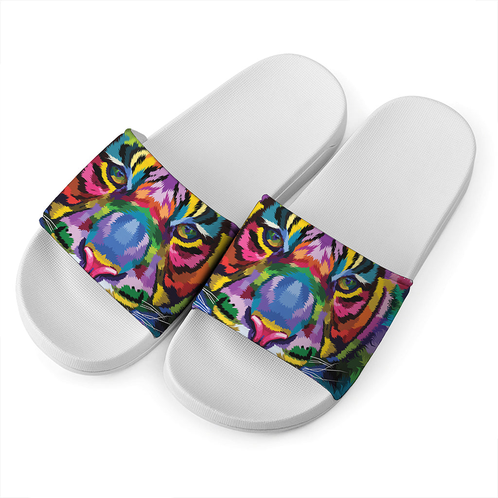 Colorful Tiger Portrait Print White Slide Sandals