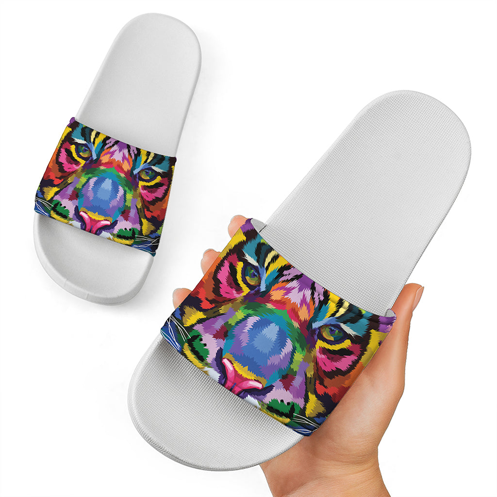 Colorful Tiger Portrait Print White Slide Sandals
