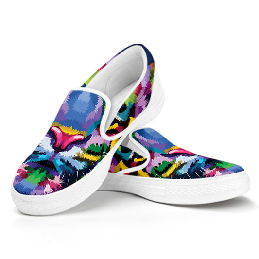 Colorful Tiger Portrait Print White Slip On Shoes