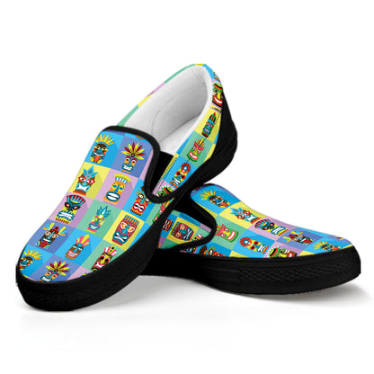 Colorful Tiki Pattern Print Black Slip On Shoes