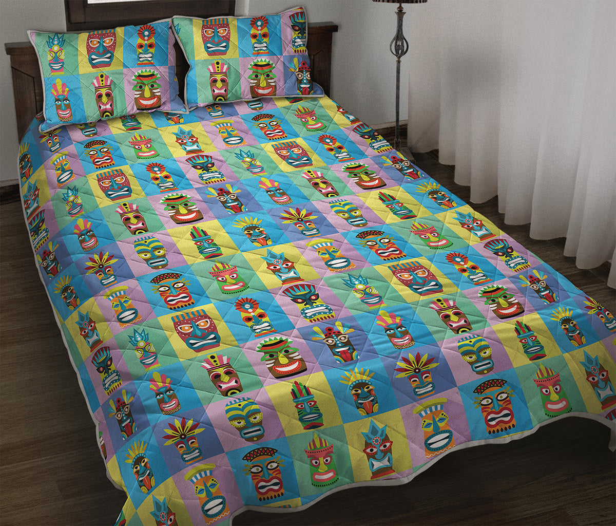 Colorful Tiki Pattern Print Quilt Bed Set