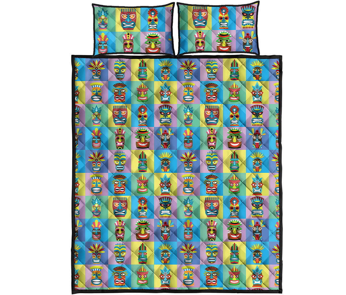 Colorful Tiki Pattern Print Quilt Bed Set