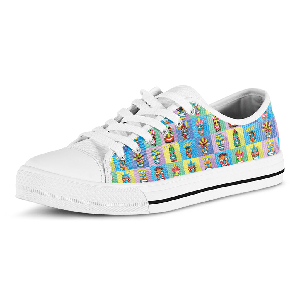 Colorful Tiki Pattern Print White Low Top Shoes