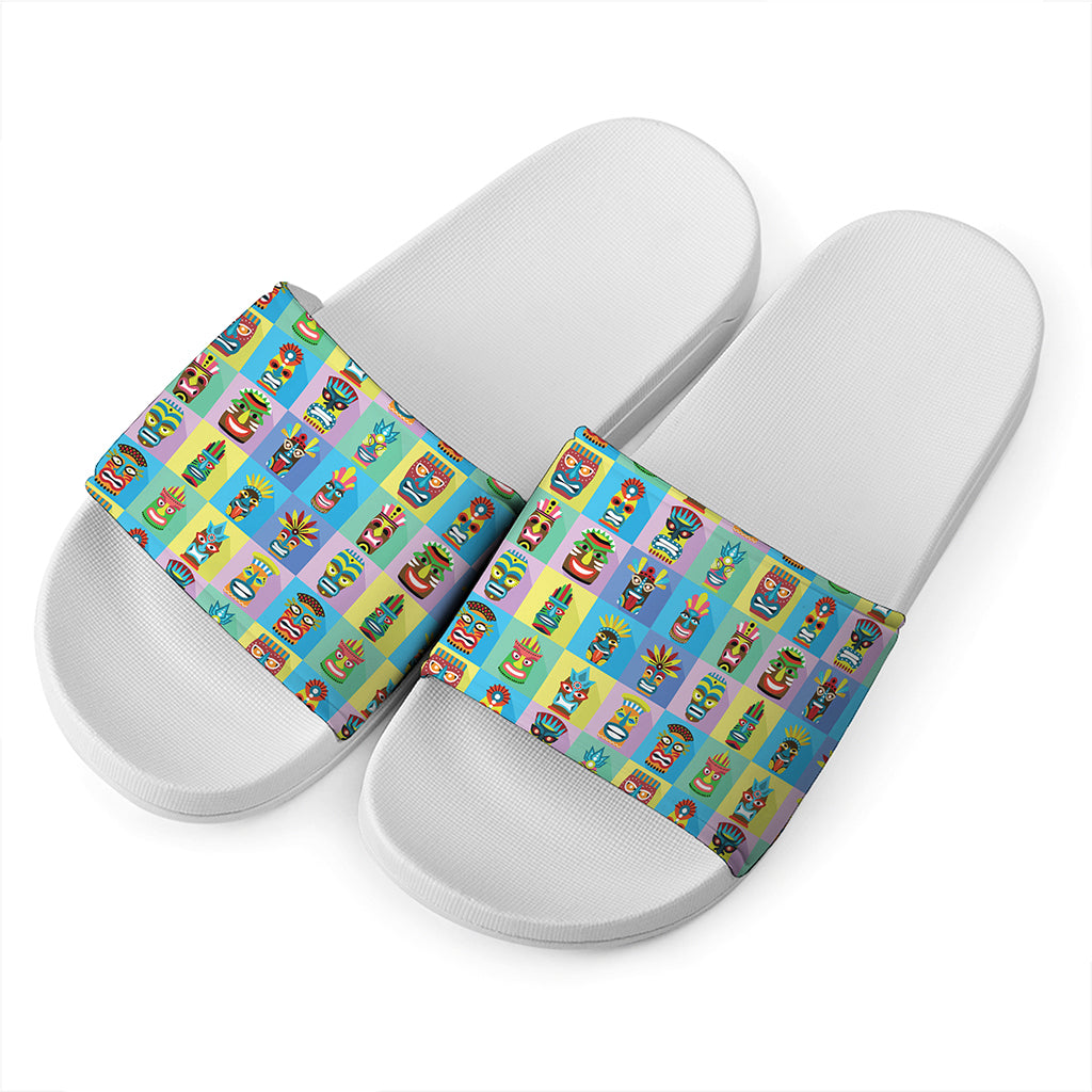 Colorful Tiki Pattern Print White Slide Sandals
