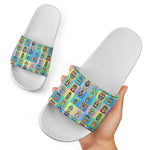 Colorful Tiki Pattern Print White Slide Sandals