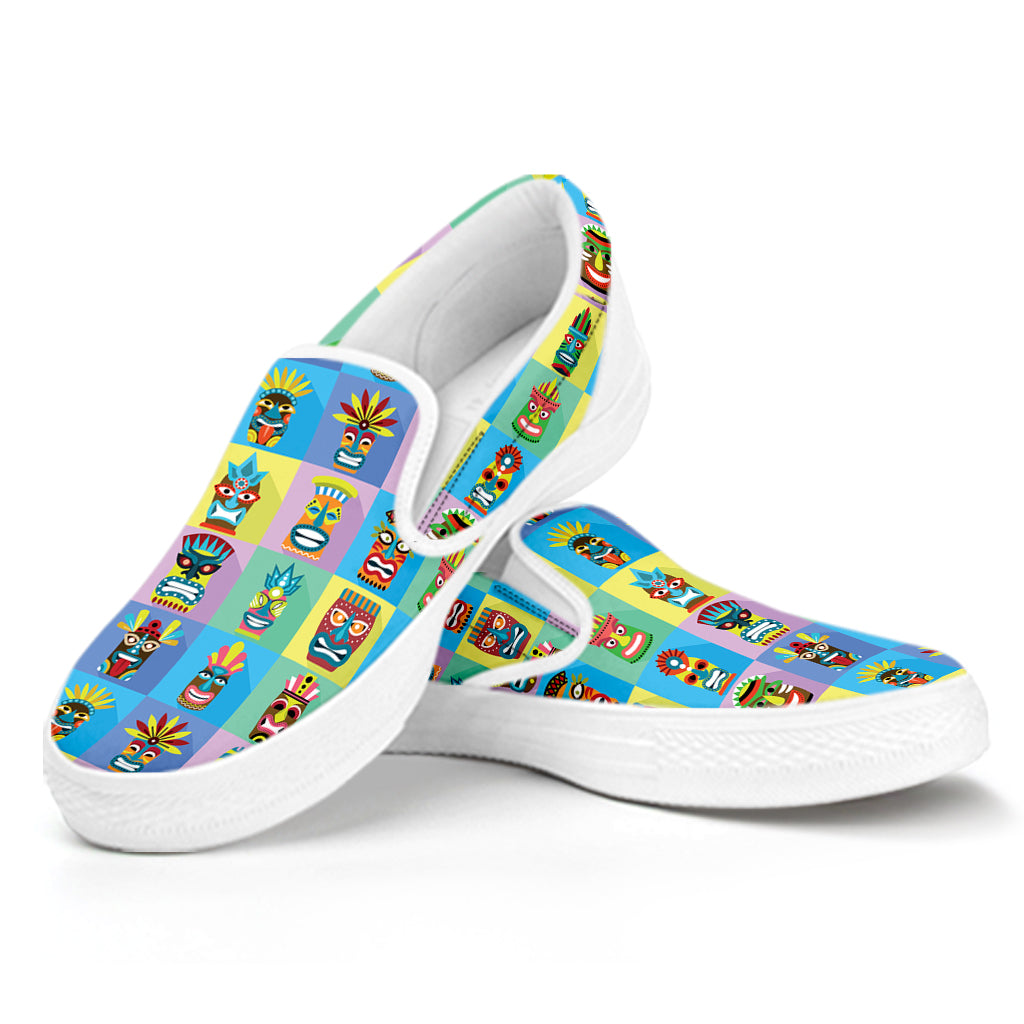 Colorful Tiki Pattern Print White Slip On Shoes