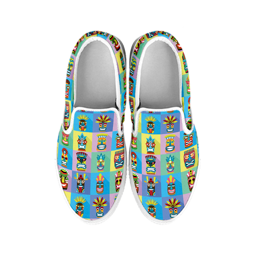Colorful Tiki Pattern Print White Slip On Shoes