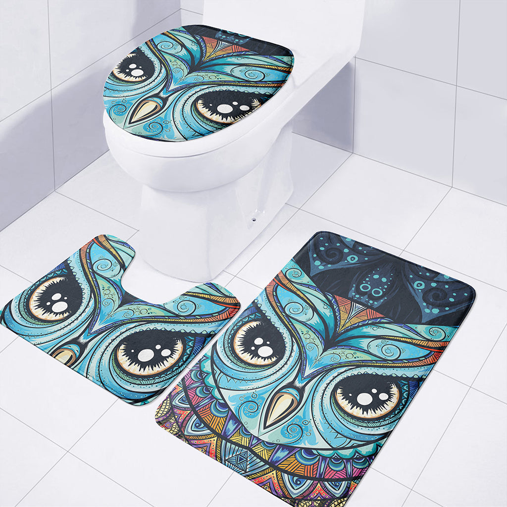 Colorful Tribal Owl Print 3 Piece Bath Mat Set