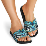 Colorful Tribal Owl Print Black Slide Sandals