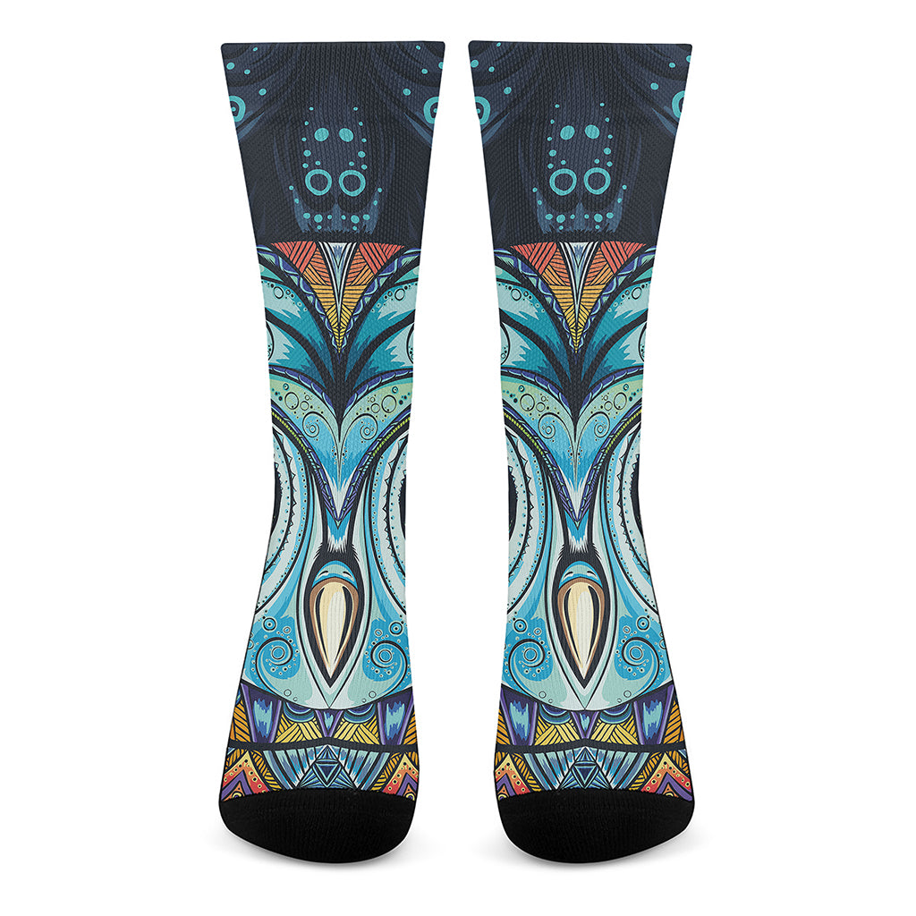 Colorful Tribal Owl Print Crew Socks