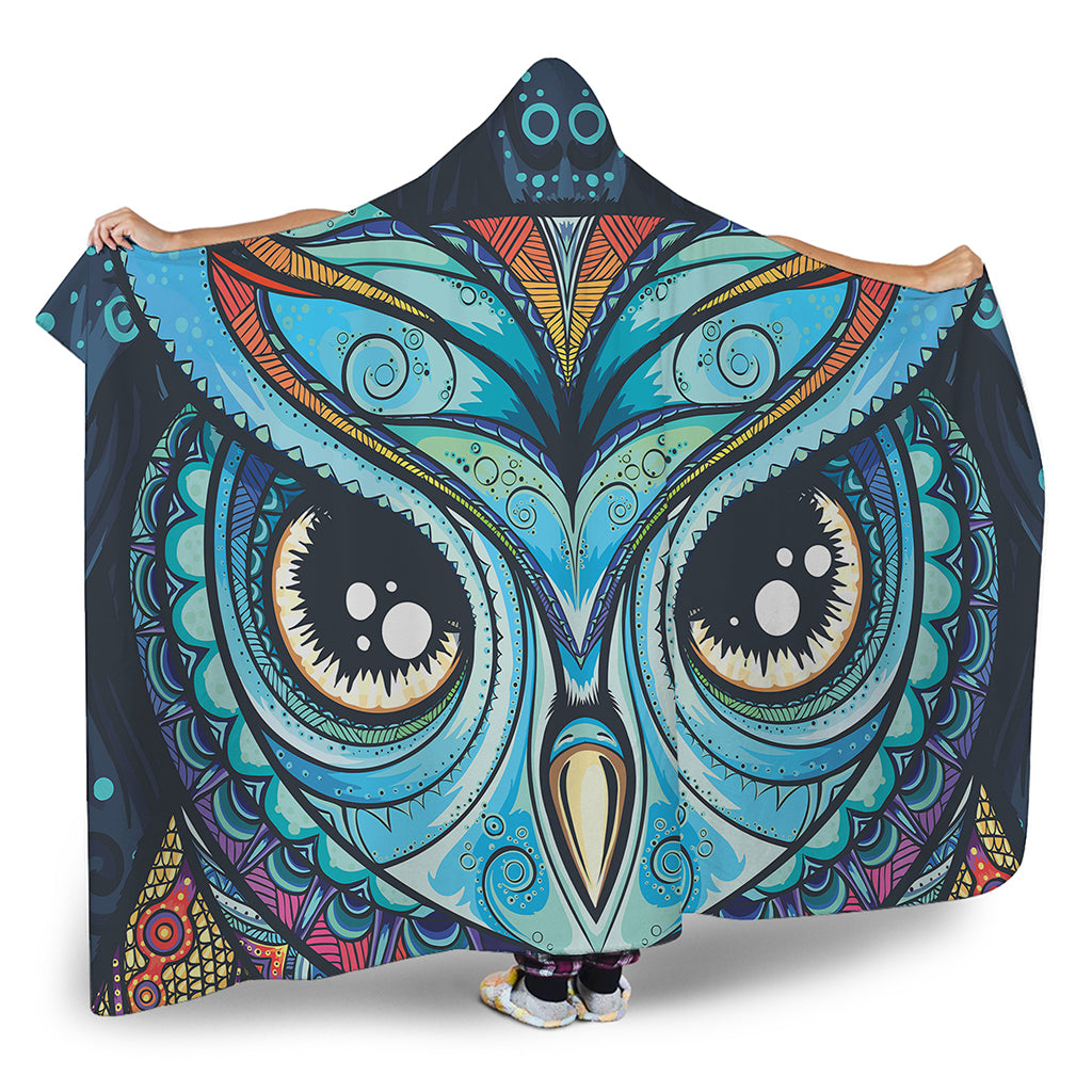 Colorful Tribal Owl Print Hooded Blanket